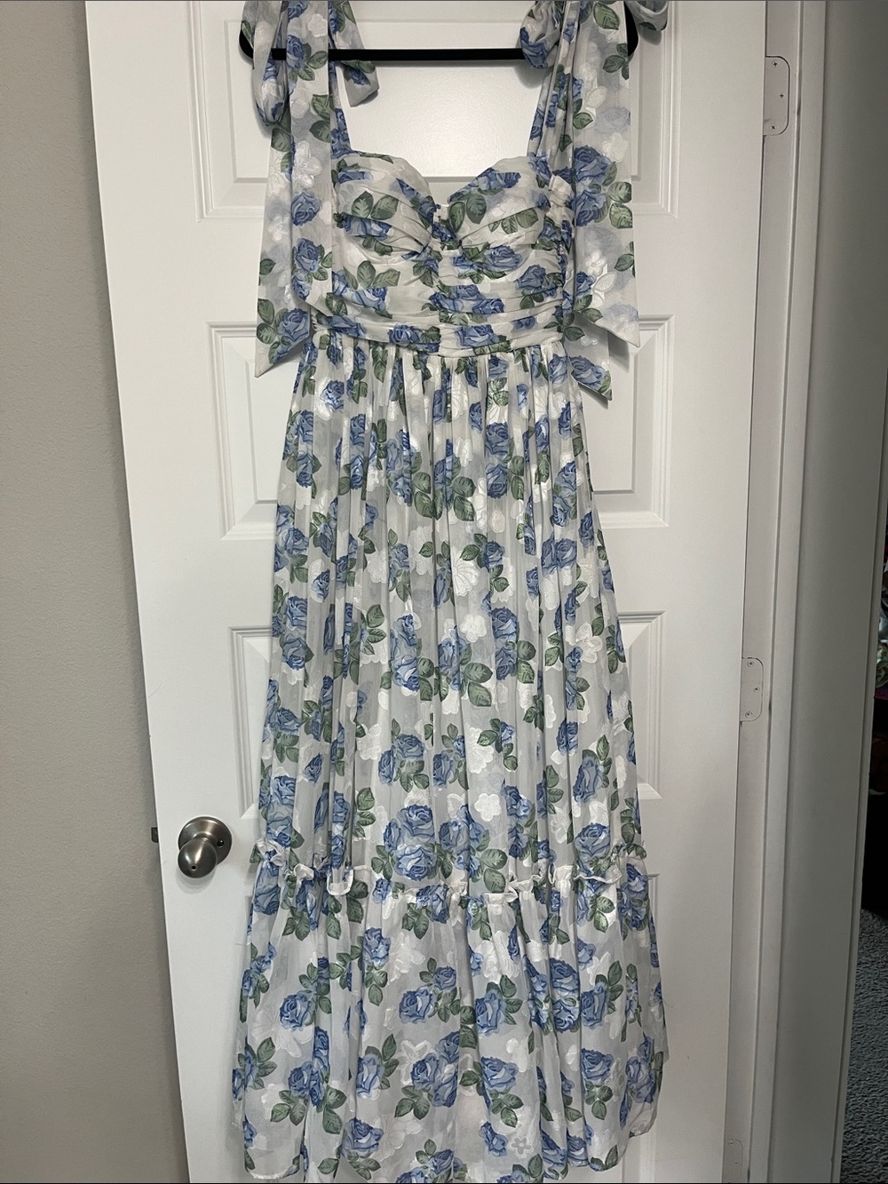 MABLE Blue Floral Tie-Shoulder Maxi Dress in White